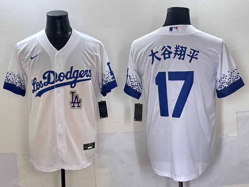Men Los Angeles Dodgers 17 Ohtani White blue City Edition Nike MLB Jersey style 8